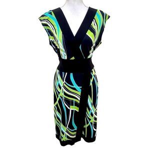 Frank Lyman v neck cap sleeve jersey knit dress black trim & belt graphic print